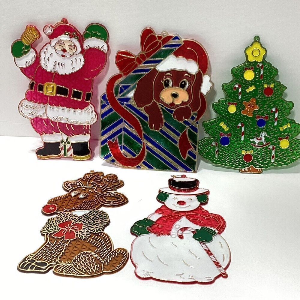 5 Vintage Stained Glass Plastic Suncatchers Window Christmas Decor Large
